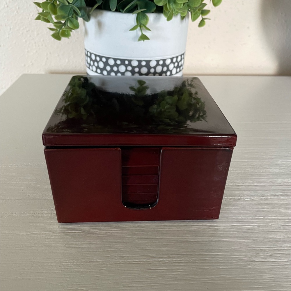 Vintage SS 7 Piece Lacquer Asian-Style Coaster Set Burgundy Maroon